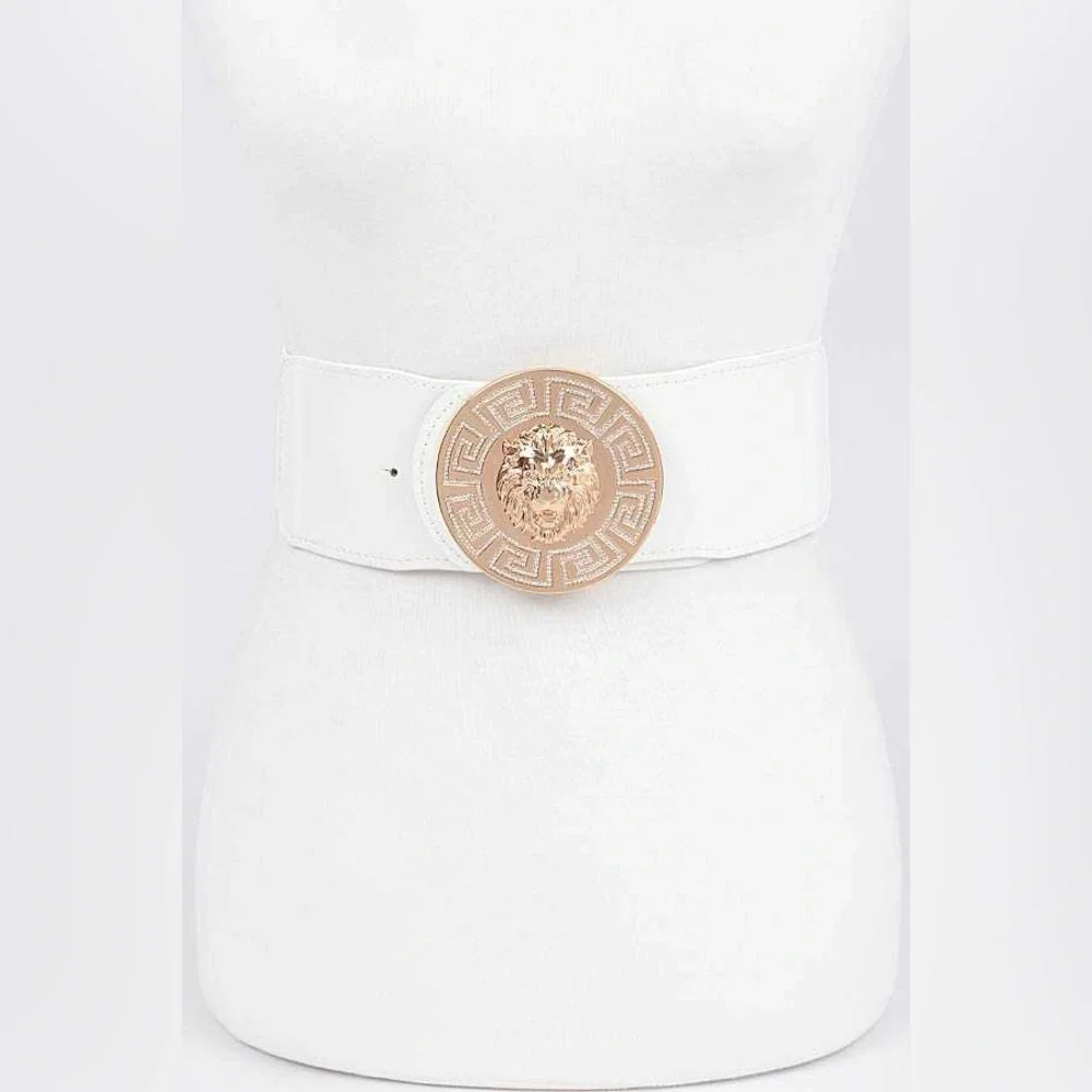 Gold Lion Medallion Large Buckle Stretch Statement Belt